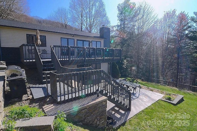 617 Norton Fork Rd, Hot Springs, NC 28743 - rear view of house featuring stairs, a wooden deck, a chimney, and a patio