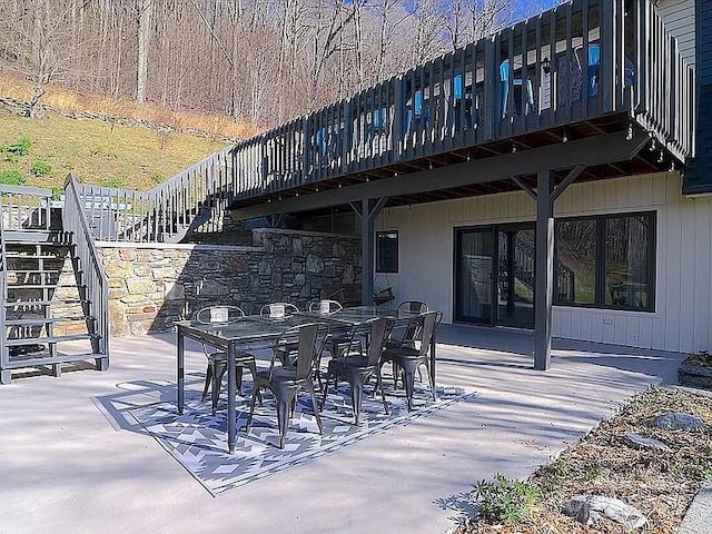 617 Norton Fork Rd, Hot Springs, NC 28743 - view of patio / terrace featuring stairway, outdoor dining area, and a wooden deck