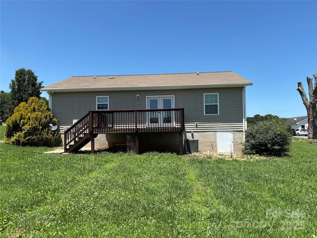 72 Helens Way, Taylorsville, NC 28681 - rear view of house featuring a wooden deck, a lawn, stairway, and french doors