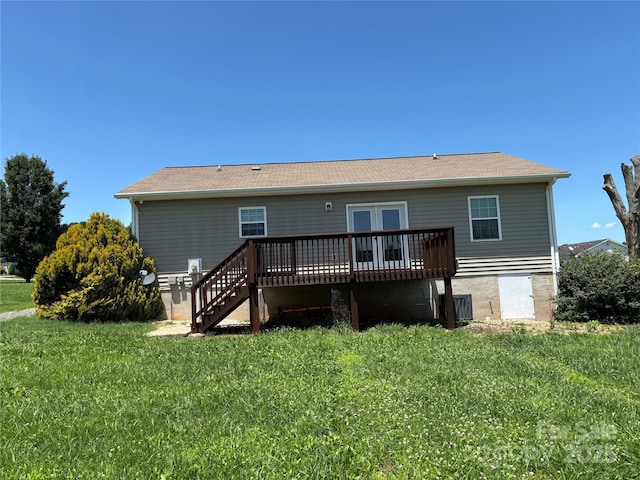 72 Helens Way, Taylorsville, NC 28681 - rear view of house with a wooden deck, a yard, stairs, and roof with shingles
