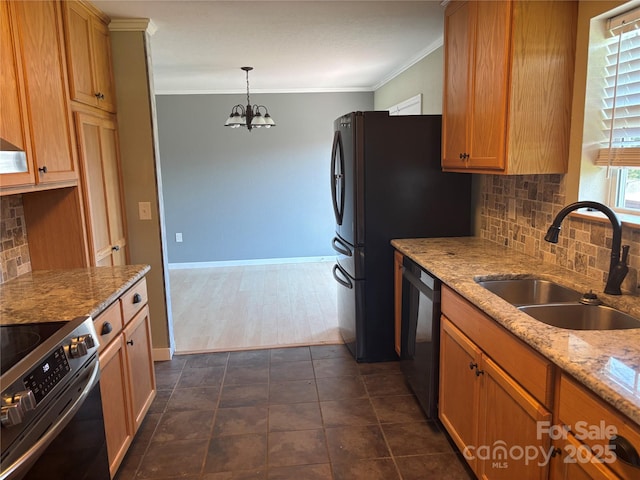 72 Helens Way, Taylorsville, NC 28681 - kitchen featuring electric range, dishwasher, backsplash, crown molding, and a chandelier