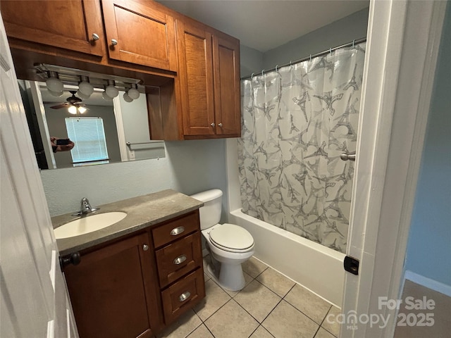 72 Helens Way, Taylorsville, NC 28681 - bathroom with vanity, tile patterned floors, shower / bath combo with shower curtain, and ceiling fan