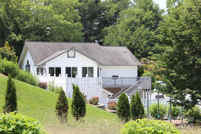 4 Gatehouse Ct, Asheville, NC 28803 - back of house featuring stairway, a shingled roof, and a wooden deck