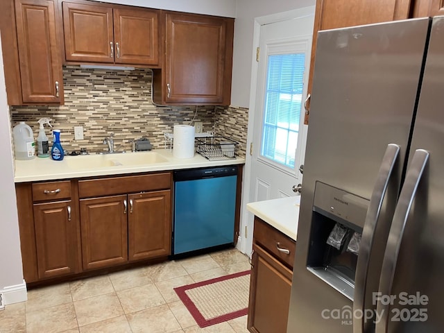 615 Marietta St, Asheville, NC 28803 - kitchen featuring stainless steel fridge with ice dispenser, dishwasher, decorative backsplash, light countertops, and light tile patterned floors