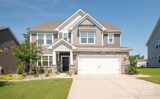 17718 Terryglass Ln, Charlotte, NC 28278 - craftsman inspired home featuring concrete driveway, a garage, a front yard, roof with shingles, and stone siding