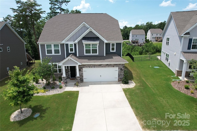 17718 Terryglass Ln, Charlotte, NC 28278 - craftsman-style house featuring concrete driveway, stone siding, a garage, and roof with shingles