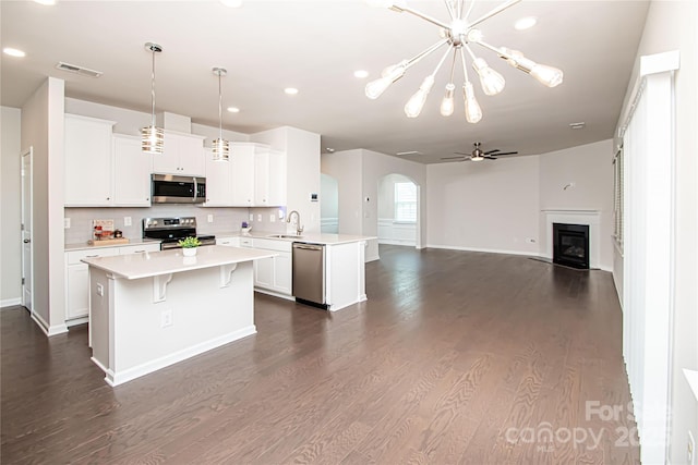 17718 Terryglass Ln, Charlotte, NC 28278 - kitchen with appliances with stainless steel finishes, light countertops, arched walkways, a peninsula, and open floor plan