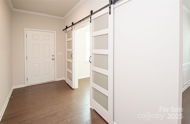 17718 Terryglass Ln, Charlotte, NC 28278 - hallway featuring a barn door, dark wood-style floors, and crown molding