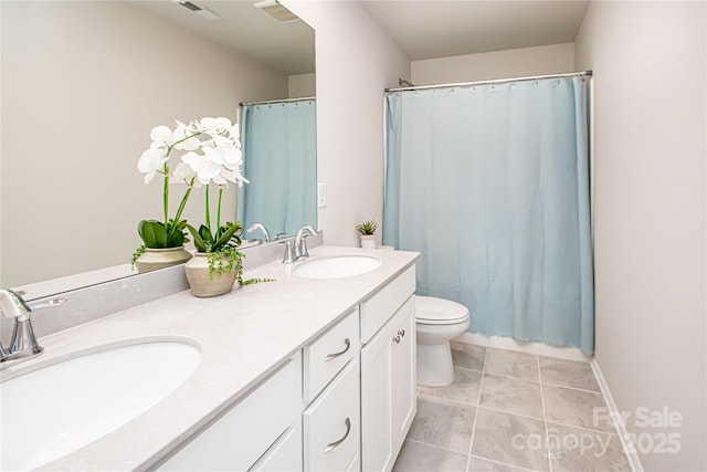 17718 Terryglass Ln, Charlotte, NC 28278 - full bath featuring double vanity, tile patterned flooring, and curtained shower