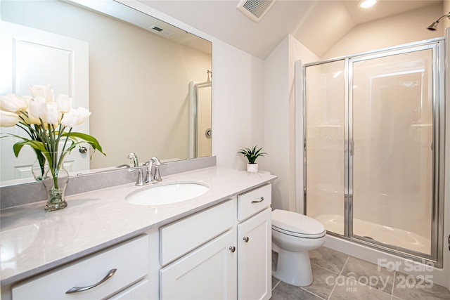17718 Terryglass Ln, Charlotte, NC 28278 - full bathroom featuring a stall shower, vanity, tile patterned flooring, and vaulted ceiling