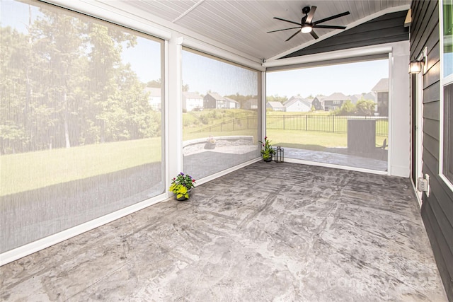 17718 Terryglass Ln, Charlotte, NC 28278 - unfurnished sunroom with ceiling fan, lofted ceiling, and a residential view