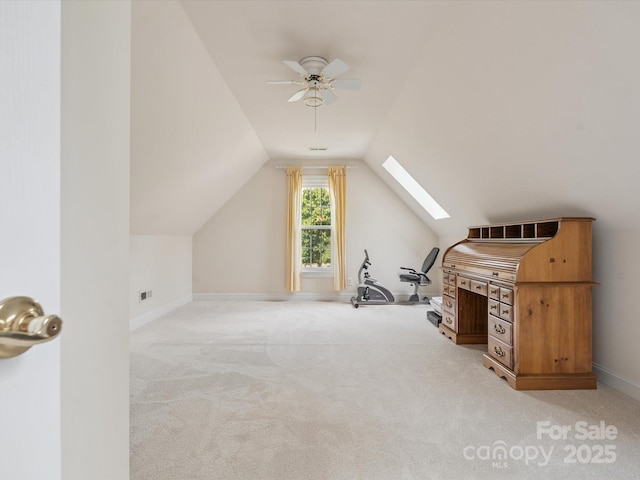 13101 Kensworth Ct, Charlotte, NC 28277 - bonus room with a skylight, ceiling fan, vaulted ceiling, and light colored carpet