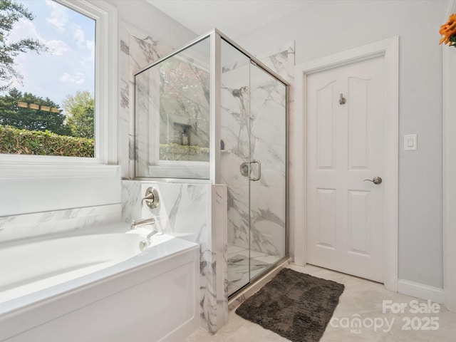 13101 Kensworth Ct, Charlotte, NC 28277 - bathroom with a bath, a marble finish shower, and healthy amount of natural light