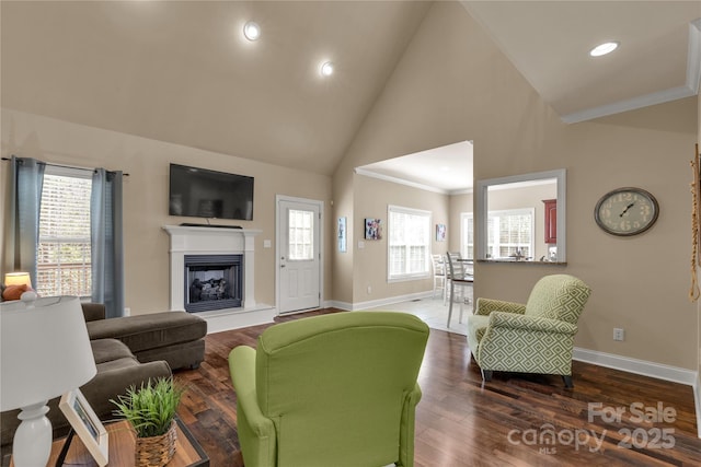 4114 Flint Dr, Lancaster, SC 29720 - living area with a fireplace with raised hearth, recessed lighting, high vaulted ceiling, crown molding, and dark wood-style floors