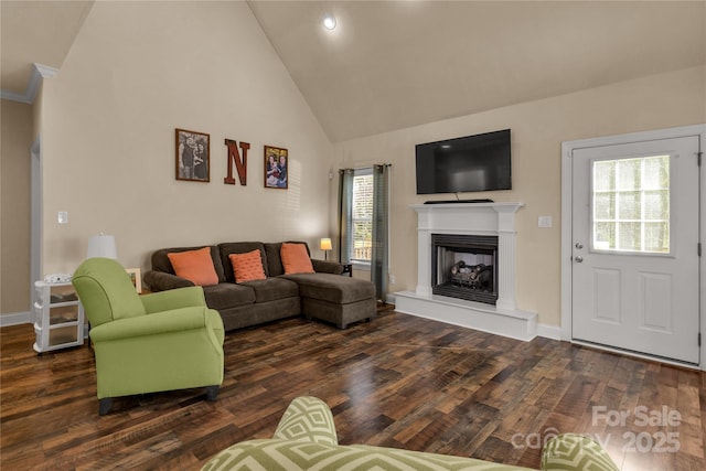 4114 Flint Dr, Lancaster, SC 29720 - living room with wood finished floors, high vaulted ceiling, a fireplace with raised hearth, and recessed lighting