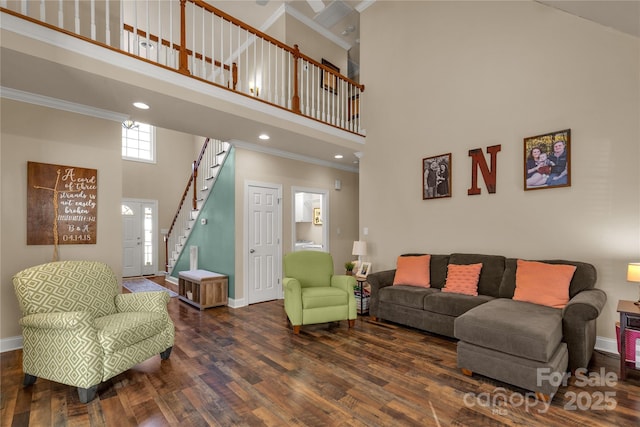 4114 Flint Dr, Lancaster, SC 29720 - living area with a high ceiling, ornamental molding, wood finished floors, stairs, and recessed lighting