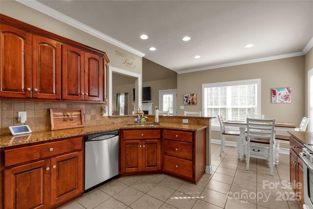 4114 Flint Dr, Lancaster, SC 29720 - kitchen featuring stainless steel dishwasher, crown molding, recessed lighting, decorative backsplash, and light stone countertops