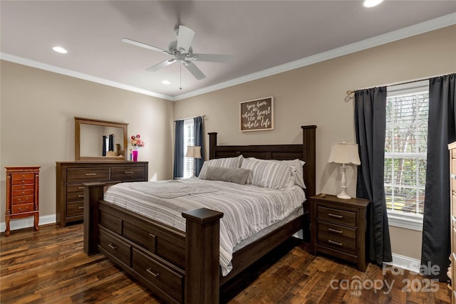 4114 Flint Dr, Lancaster, SC 29720 - bedroom with dark wood-type flooring, recessed lighting, crown molding, and ceiling fan