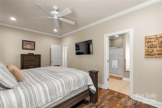4114 Flint Dr, Lancaster, SC 29720 - bedroom with crown molding, recessed lighting, dark wood-style flooring, connected bathroom, and a ceiling fan