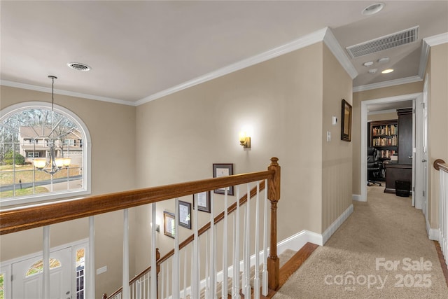 4114 Flint Dr, Lancaster, SC 29720 - hallway featuring ornamental molding, light carpet, a chandelier, an upstairs landing, and recessed lighting