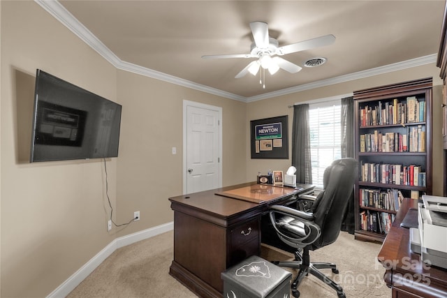4114 Flint Dr, Lancaster, SC 29720 - carpeted home office with ceiling fan and ornamental molding