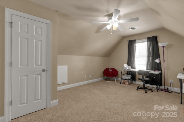 4114 Flint Dr, Lancaster, SC 29720 - carpeted home office featuring ceiling fan and lofted ceiling