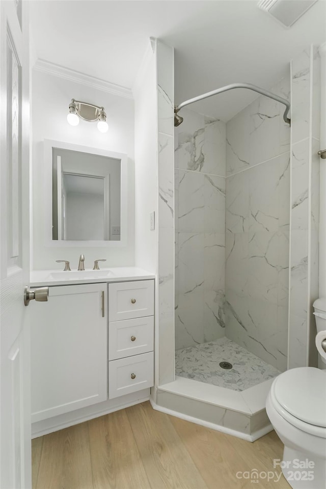 4146 Old State Rd, Newton, NC 28658 - full bathroom featuring vanity, crown molding, a marble finish shower, and wood finished floors