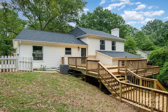 8025 Cliffside Dr, Charlotte, NC 28270 - back of property with a chimney, a wooden deck, roof with shingles, and stairway
