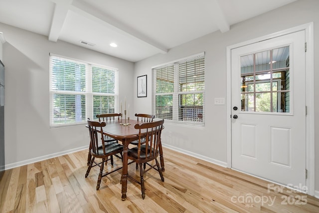 224 Eagle Creek Rd, Clover, SC 29710 - dining area with beam ceiling, light wood-type flooring, and healthy amount of natural light