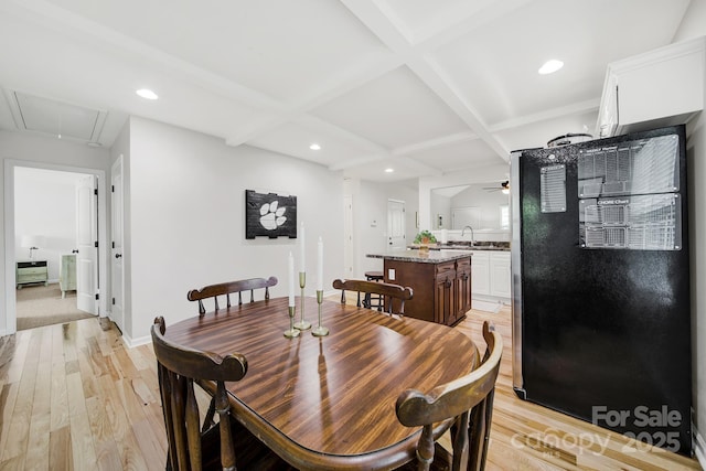 224 Eagle Creek Rd, Clover, SC 29710 - dining space with light wood-style floors, ceiling fan, attic access, recessed lighting, and coffered ceiling