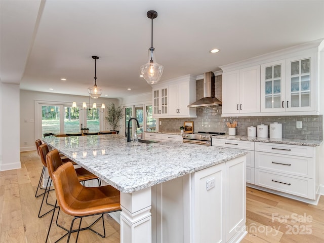 202 Walden Ln, Weddington, NC 28104 - kitchen featuring wall chimney exhaust hood, stainless steel electric range oven, tasteful backsplash, white cabinets, and recessed lighting