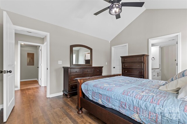 3511 Warlicks Church Rd, Connelly Springs, NC 28612 - bedroom featuring dark wood-type flooring, high vaulted ceiling, ceiling fan, and electric panel