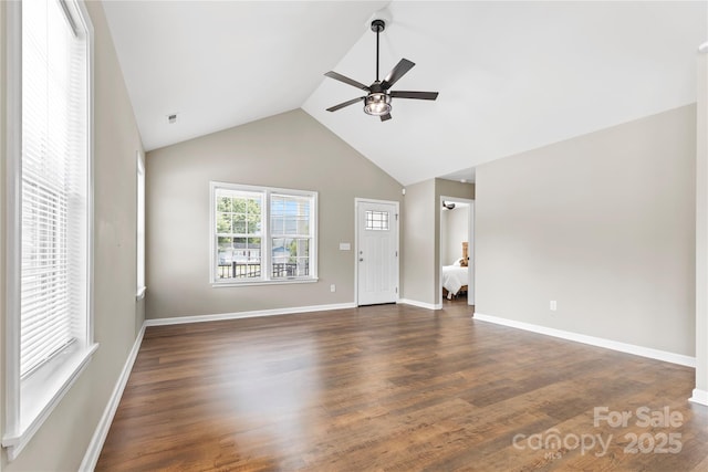 3511 Warlicks Church Rd, Connelly Springs, NC 28612 - unfurnished living room featuring a ceiling fan, dark wood finished floors, and high vaulted ceiling