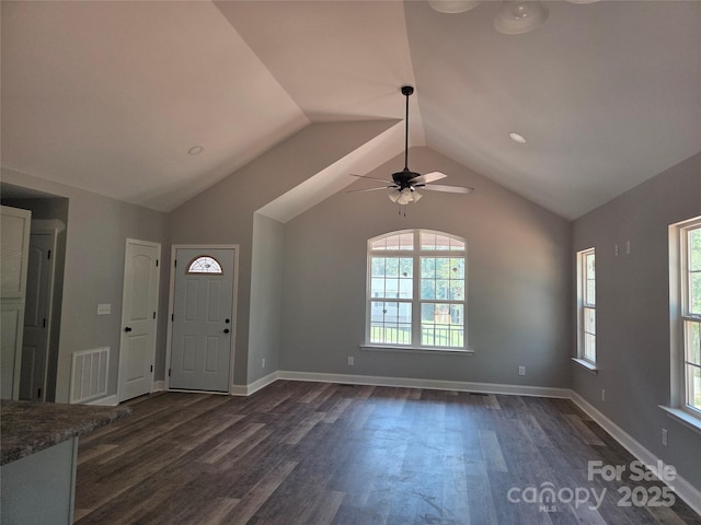 153 Brook Creek Dr, Troutman, NC 28166 - foyer entrance with dark wood-type flooring, ceiling fan, and lofted ceiling