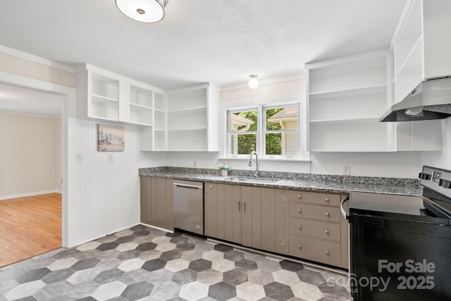 211 Woodland Rd, Tryon, NC 28782 - kitchen with appliances with stainless steel finishes, open shelves, light flooring, ornamental molding, and range hood