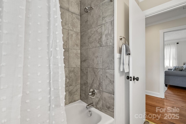 211 Woodland Rd, Tryon, NC 28782 - bathroom with shower / tub combo with curtain, wood finished floors, and connected bathroom