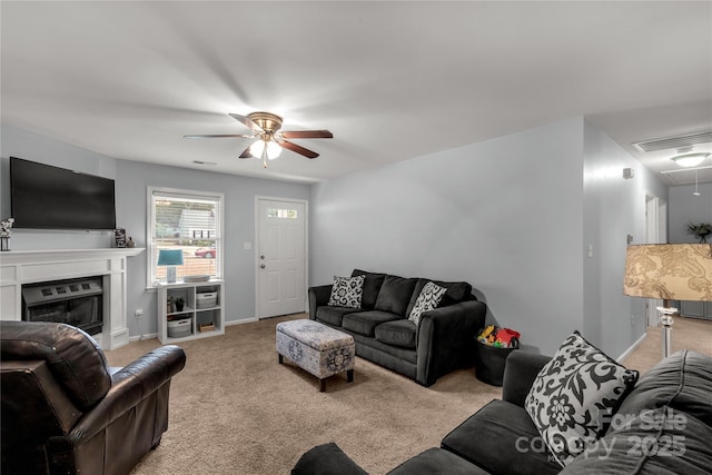 2460 Prince Dr, Lancaster, SC 29720 - living room featuring attic access, a ceiling fan, light carpet, and a fireplace