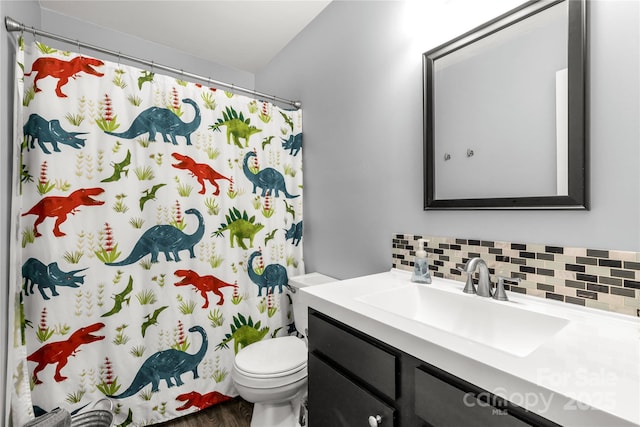 2460 Prince Dr, Lancaster, SC 29720 - bathroom with decorative backsplash, vanity, wood finished floors, and a shower with shower curtain