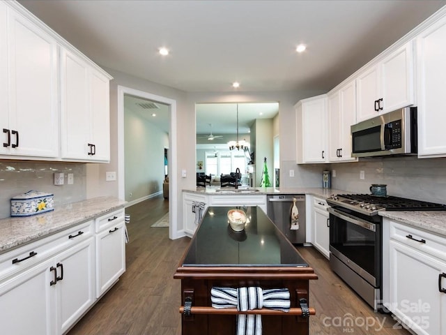 7337 Overjoyed Xing, Charlotte, NC 28215 - kitchen featuring stainless steel appliances, white cabinets, tasteful backsplash, dark wood-style flooring, and recessed lighting