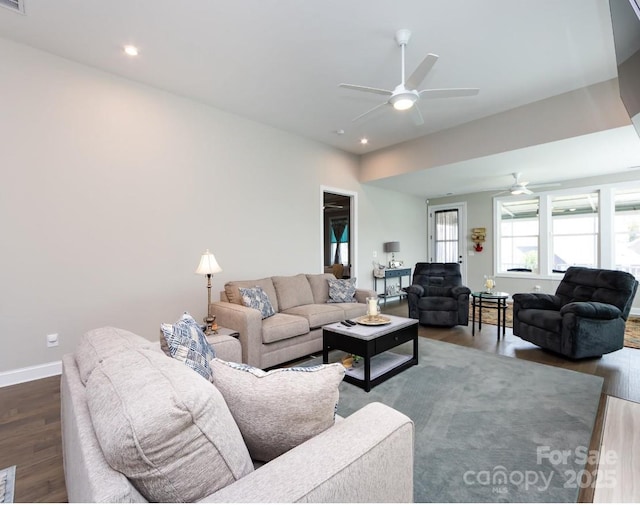 7337 Overjoyed Xing, Charlotte, NC 28215 - living area with a ceiling fan, dark wood-style flooring, and recessed lighting