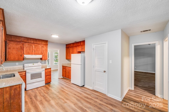 6513 Old Post Rd, Charlotte, NC 28212 - kitchen featuring white appliances, under cabinet range hood, light wood-type flooring, brown cabinetry, and a textured ceiling