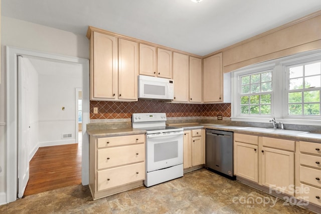 728 Blanton St, Shelby, NC 28150 - kitchen with white appliances, light brown cabinets, tasteful backsplash, and stone finish floors