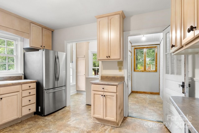 728 Blanton St, Shelby, NC 28150 - kitchen featuring freestanding refrigerator and light brown cabinets
