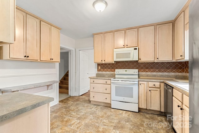 728 Blanton St, Shelby, NC 28150 - kitchen featuring light brown cabinets, white appliances, tasteful backsplash, and stone finish flooring