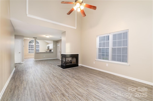 11531 Delores Ferguson Ln, Charlotte, NC 28277 - unfurnished living room featuring ceiling fan, wood finished floors, a multi sided fireplace, and a high ceiling