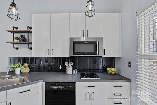 514 W 10th St Unit 302, Charlotte, NC 28202 - kitchen featuring black appliances, dark countertops, white cabinets, and open shelves