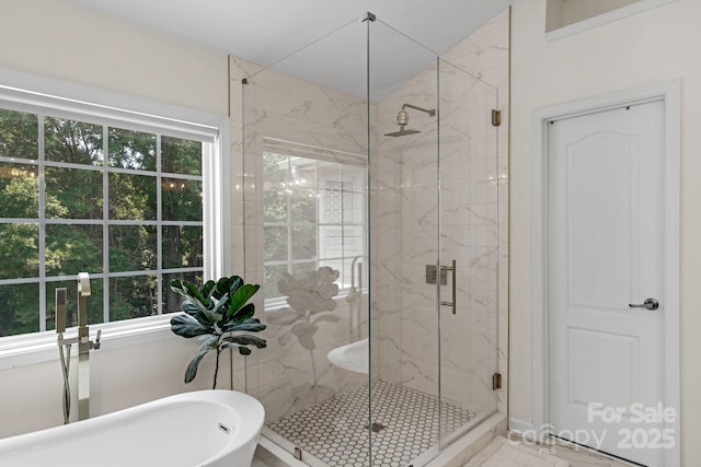 1807 Robbins Meadows Dr, Waxhaw, NC 28173 - bathroom with a soaking tub and a marble finish shower
