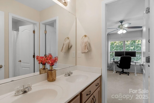 1807 Robbins Meadows Dr, Waxhaw, NC 28173 - bathroom with double vanity and a ceiling fan