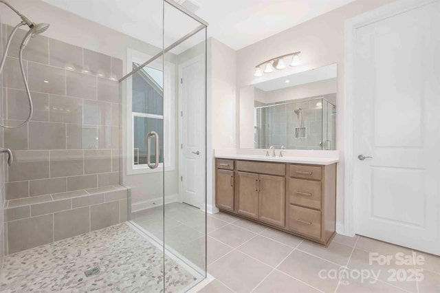 1074 Wylie Falls Ln, York, SC 29745 - bathroom featuring a shower stall, tile patterned flooring, and vanity