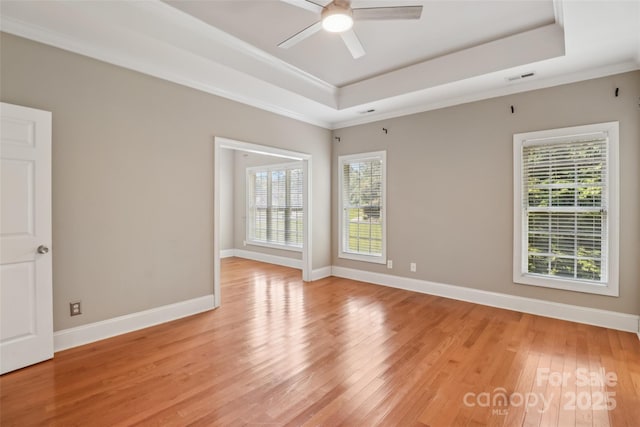 2411 Stoney Run Dr Unit 13, Oakboro, NC 28129 - empty room featuring a tray ceiling, light wood-style flooring, ceiling fan, and crown molding